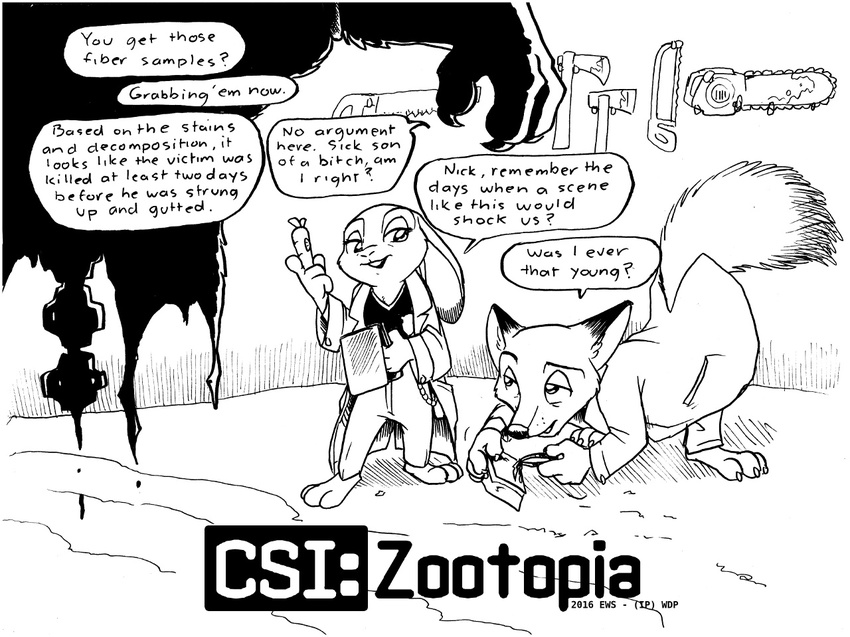 2016 anthro axe black_and_white canine carrot_pen chainsaw clothing comic crime_scene csi:_zootopia death dialogue disney door drime duo english_text eric_schwartz evidence female feral fox gore hacksaw judy_hopps lab_coat lagomorph line_art long_ears male mammal melee_weapon monochrome necktie nick_wilde non_canon police_uniform rabbit size_difference smile spine teeth television text tools tv_show uniform weapon window zootopia