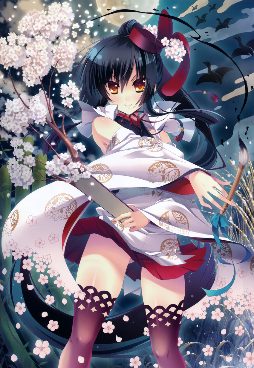 absurdres ass_visible_through_thighs bare_shoulders black_hair brown_eyes calligraphy_brush cherry_blossoms copyright_request cowboy_shot hat highres huge_filesize japanese_clothes katagiri_hinata long_hair long_sleeves miniskirt paintbrush skirt smile solo source_request thighhighs very_long_hair very_long_sleeves zettai_ryouiki