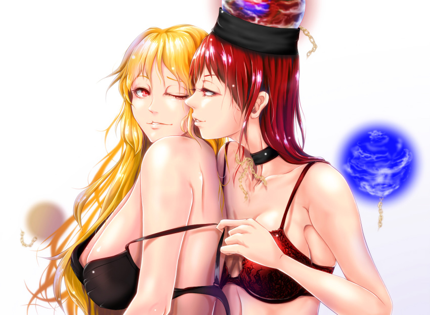 2girls black_bra black_choker blonde_hair bra bra_pull breasts chains choker commentary_request earth eye_contact hecatia_lapislazuli junko_(touhou) kazesayuru large_breasts long_hair looking_at_another medium_breasts moon multiple_girls one_eye_closed orb planet polos_crown red_bra red_eyes red_hair sideboob touhou underwear undressing_another very_long_hair yuri