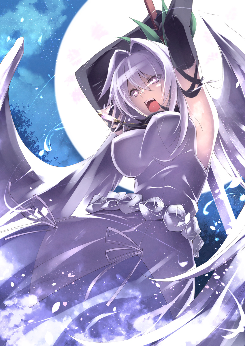 armpits arms_behind_head arms_up bare_shoulders black_gloves breasts dress elbow_gloves engi_threepiece full_moon gloves hair_between_eyes highres impossible_clothes impossible_dress jewelry jijii48 large_breasts long_hair looking_at_viewer moon night night_sky open_mouth pendant petals purple_eyes shouting silver_hair sky sleeveless sleeveless_dress solo sword symbol-shaped_pupils teeth triangle-shaped_pupils weapon white_dress wings yumekui_merry