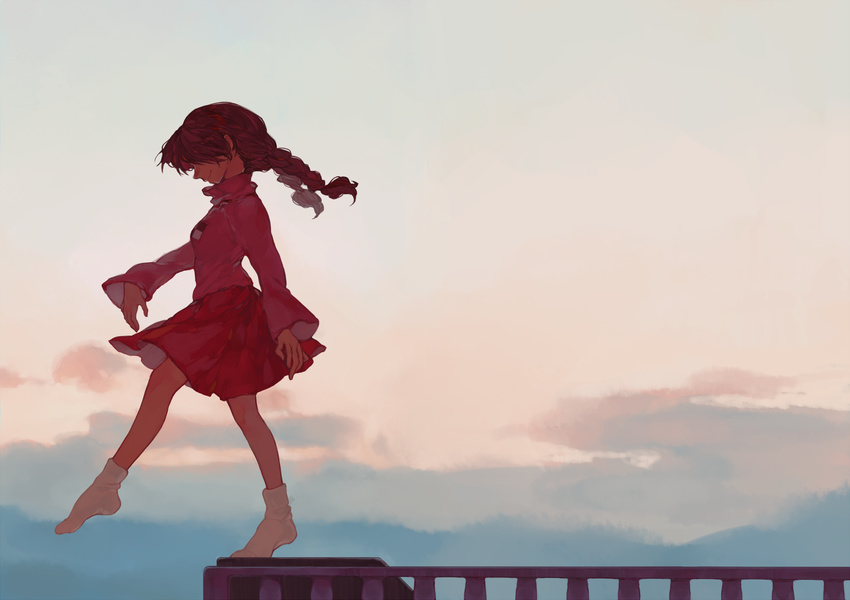 braid brown_hair full_body madotsuki met-tha no_shoes profile railing skirt sky smile socks solo suicide sweater twin_braids yume_nikki