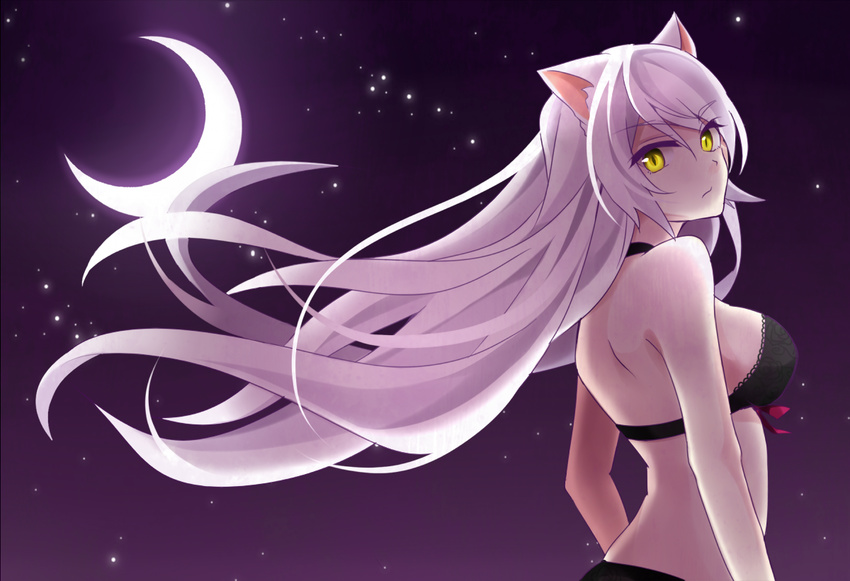 animal_ears black_bra black_hanekawa black_panties bow bow_bra bra breasts cat_ears crescent_moon hanekawa_tsubasa large_breasts long_hair minami_(panda-raion) monogatari_(series) moon nekomonogatari night night_sky panties sky solo underwear very_long_hair white_hair yellow_eyes