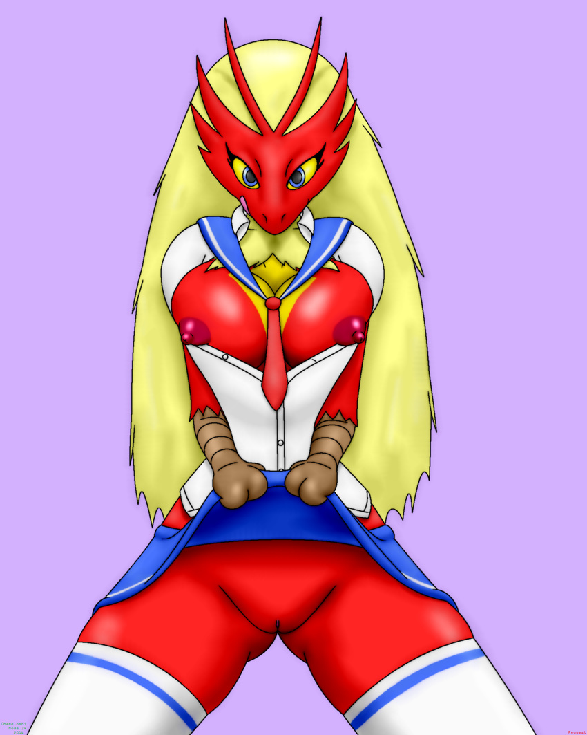 2016 blaziken blue_eyes breasts chameloshi clothing clothing_lift female hi_res licking licking_lips looking_at_viewer nintendo nipples pinup pok&eacute;mon pose presenting presenting_pussy pussy school_uniform skirt skirt_lift solo spread_legs spreading tongue tongue_out uniform video_games yellow_sclera