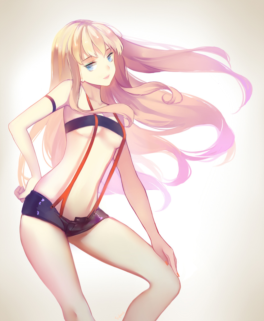 armband bandeau bangs bare_shoulders beige_background beltbra black_shorts blonde_hair blue_eyes bra breasts closed_mouth collarbone contrapposto floating_hair gradient gradient_background hand_on_hip hand_on_own_thigh head_tilt highres leaning_forward light_smile lipstick long_hair looking_at_viewer looking_to_the_side macross macross_frontier makeup medium_breasts nail_polish no_navel orange_nails pink_lips shade sheryl_nome short_shorts shorts slyvia smile solo standing stomach strap_gap strapless suspender_shorts suspenders underboob underwear