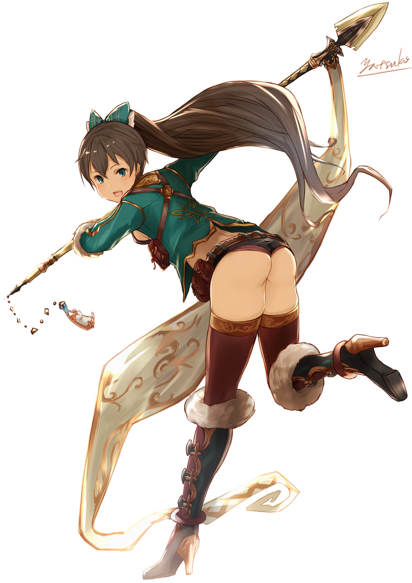 absurdres aqua_eyes artist_name ass belt black_hair blush boots bow breasts from_behind full_body fur_trim ganaha_hibiki granblue_fantasy hair_bow hamster hamuzou high_heels highres holding holding_weapon holster idolmaster idolmaster_(classic) jacket knee_boots leg_up long_hair long_sleeves looking_back open_mouth polearm ponytail red_legwear short_shorts shorts signature small_breasts spear thighhighs very_long_hair weapon wedgie white_background yatsuka_(846)