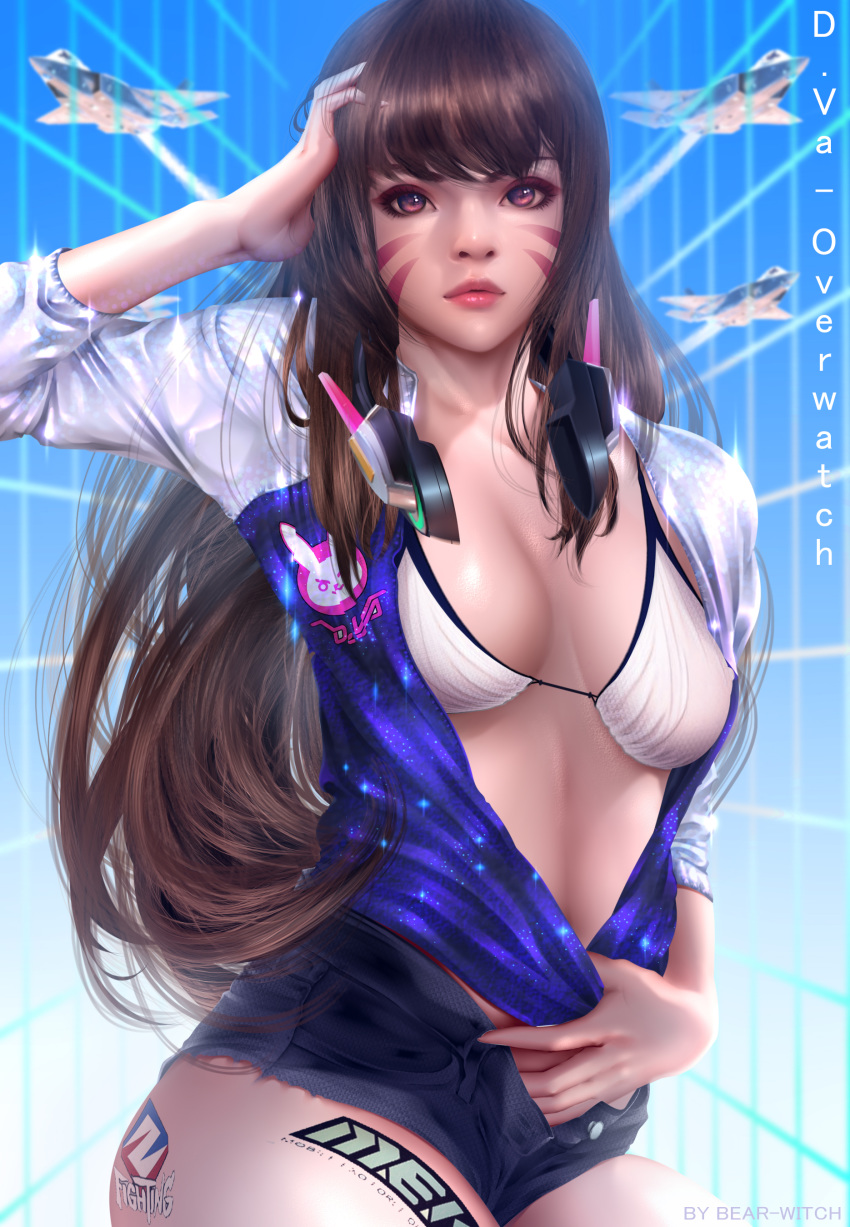 1girl absurdres acronym aircraft airplane artist_name bangs bearwitch bikini_top blue_background breasts brown_eyes brown_hair character_name clothes_writing copyright_name cowboy_shot d.va_(overwatch) emblem eyelashes eyeshadow facepaint facial_mark fighter_jet grid_background hand_on_head headphones headphones_around_neck highres jet long_hair looking_at_viewer makeup military military_vehicle nose open_fly overwatch pantyhose pink_lips realistic shiny shiny_clothes shirt_tug short_shorts shorts small_breasts solo sparkle string_bikini swept_bangs unbuttoned whisker_markings white_bikini_top white_legwear