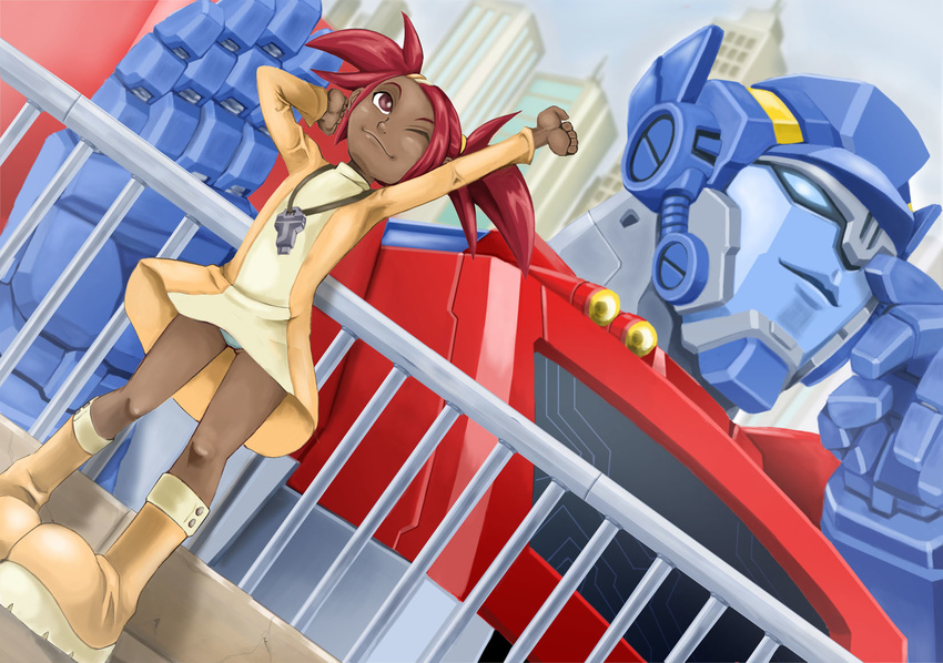 1girl android autobot blue_eyes boots dark_skin dress hair_ornament hairclip highres kamizono_(spookyhouse) long_hair machinery mecha optimus_prime panties red_eyes red_hair sari_sumdac short_twintails smile transformers transformers_animated twintails underwear