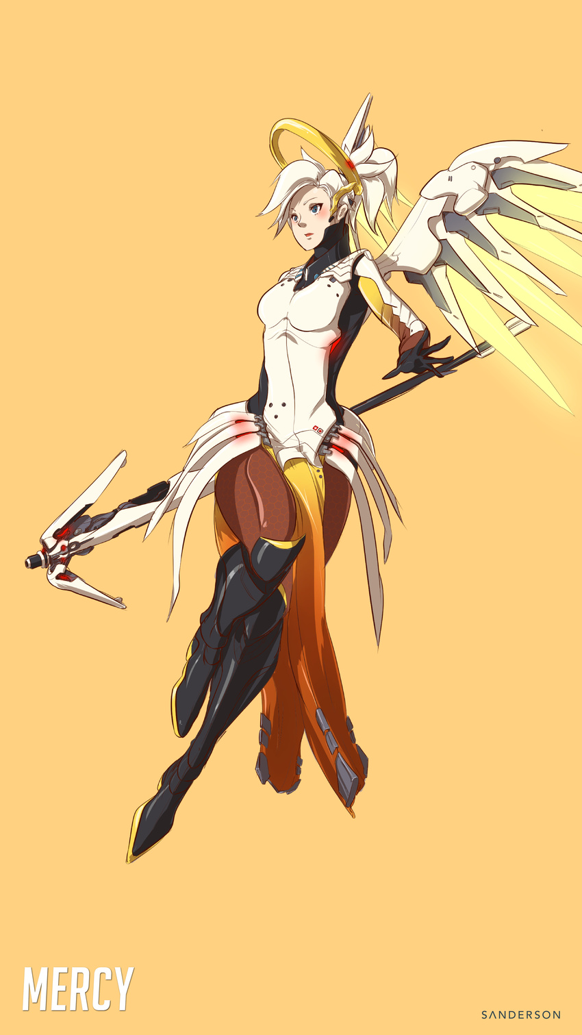 absurdres artist_name bad_revision blonde_hair blue_eyes boots breasts character_name full_body high_ponytail highres holding knee_boots long_hair looking_away md5_mismatch mechanical_halo mechanical_wings medium_breasts mercy_(overwatch) overwatch pantyhose ponytail sanderson short_hair simple_background solo staff wings yellow_background yellow_wings