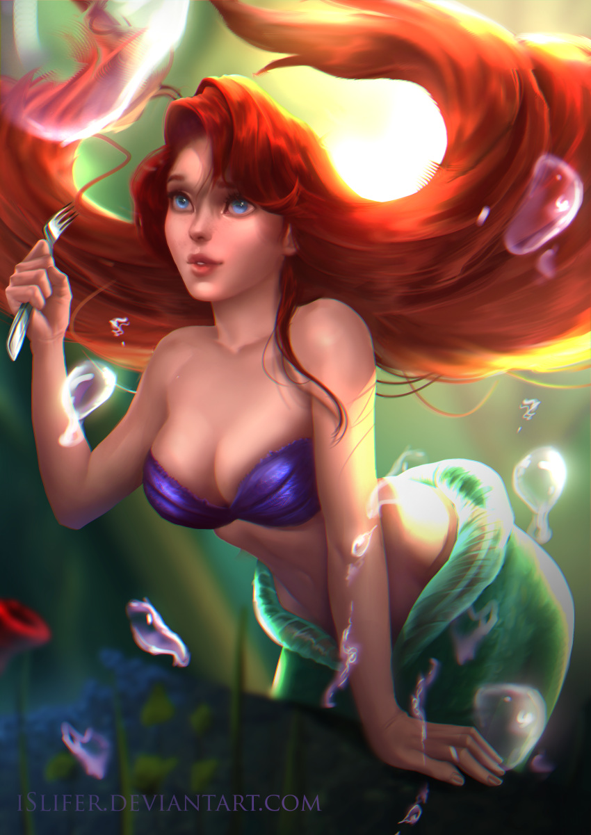 1girl absurdres ariel_(disney) bikini blue_eyes breasts bubble cleavage collarbone commentary disney english_commentary fingernails fork highres holding holding_fork islifer large_breasts lips long_hair mermaid monster_girl ocean parted_lips purple_bikini red_hair solo swimsuit the_little_mermaid underwater upper_body watermark web_address