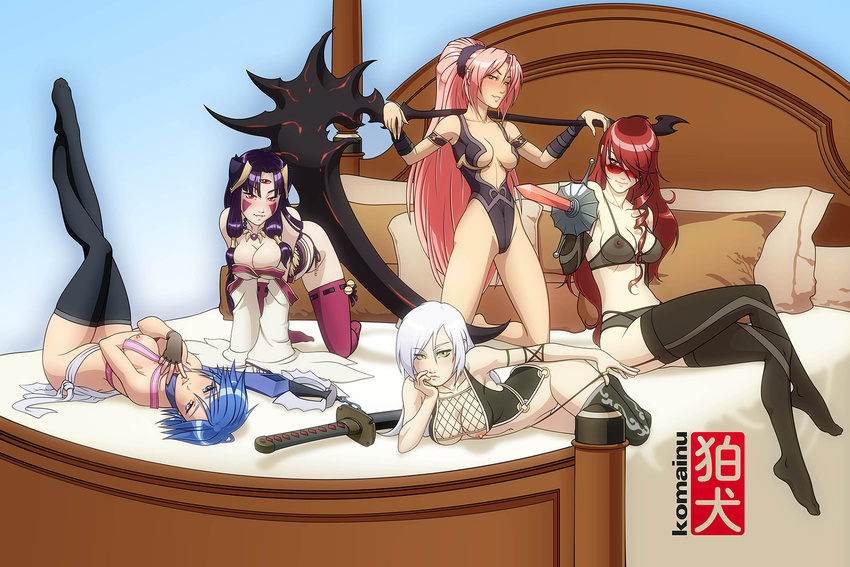 agarest_senki agarest_senki_(series) all_fours anesha aqua_(kingdom_hearts) areolae artist_name ayano_(luminous_arc) bed black_legwear blue_eyes blue_hair bottomless bra breasts cleavage cross_edge crossover fingerless_gloves fishnet_top garter_straps gloves highres keyblade kingdom_hearts kingdom_hearts_birth_by_sleep kirijou_mitsuru kneeling komainu_(artist) legs_up leotard lingerie lips long_hair looking_at_viewer looking_over_eyewear luminous_arc lying multiple_girls nipples on_back on_bed on_side panties parted_lips persona persona_3 pillow pink_eyes pink_hair pointing_sword ponytail purple_hair rapier red_eyes red_hair scythe sheath sheathed sitting smile sunglasses sword third_eye underwear vira-lorr weapon white_hair yellow_eyes