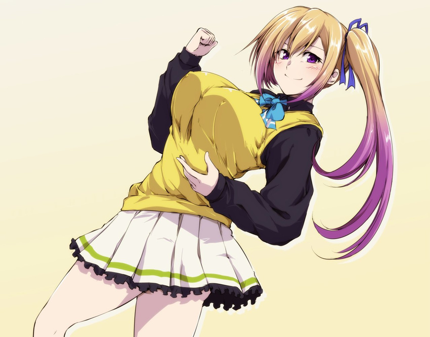 blonde_hair blush breasts gradient_hair hagane_soushi kawakami_mai large_breasts long_hair looking_at_viewer mole mole_under_eye multicolored_hair musaigen_no_phantom_world purple_eyes purple_hair side_ponytail skirt smile solo sweater_vest two-tone_hair