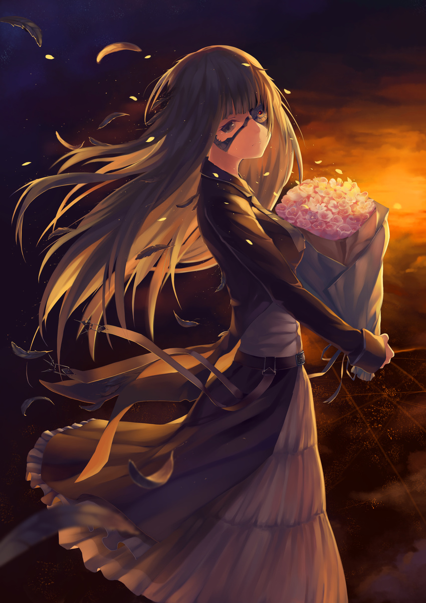 absurdres belt black_hair blazer bouquet breasts cyborg dress feathers flower from_side highres holding holding_bouquet jacket kotoribako long_hair looking_at_viewer medium_breasts original sleeves_past_wrists solo tears very_long_hair white_dress wind