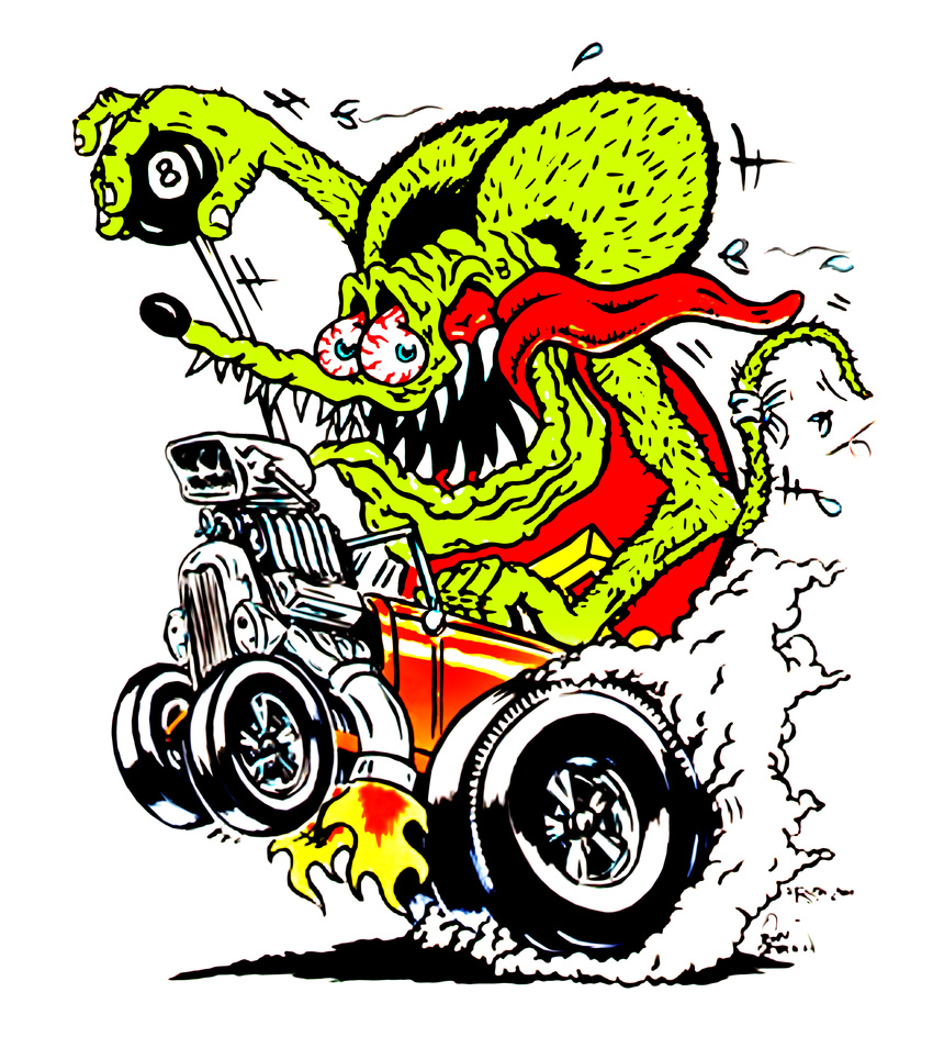 8_ball arthropod burnout car ed_'big_daddy'_roth ed_roth fire fly ford ford_motor_company high_speed hotrod insect mammal open_mouth rat rat_fink rodent saliva sharp_teeth smoke sweat teeth vehicle