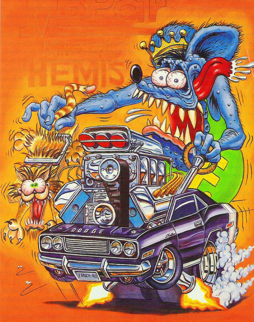burnout car cat chrysler clothed clothing dodge ed_'big_daddy'_roth ed_roth feline fire hemi_(engine) high_speed mammal mopar mouse_trap muscle_car open_mouth rat rat_fink rodent saliva sharp_teeth smoke teeth v8 vehicle