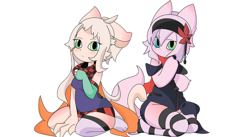 2016 alpha_channel anthro blue_eyes blush breasts canine changemylife99_(artist) clothing digital_media_(artwork) duo eileen_(character) female fox fur green_eyes hair heterochromia hi_res kneeling legwear mammal mustelid nova_(character) otter pink_fur smile stripped_stockings vector white_fur