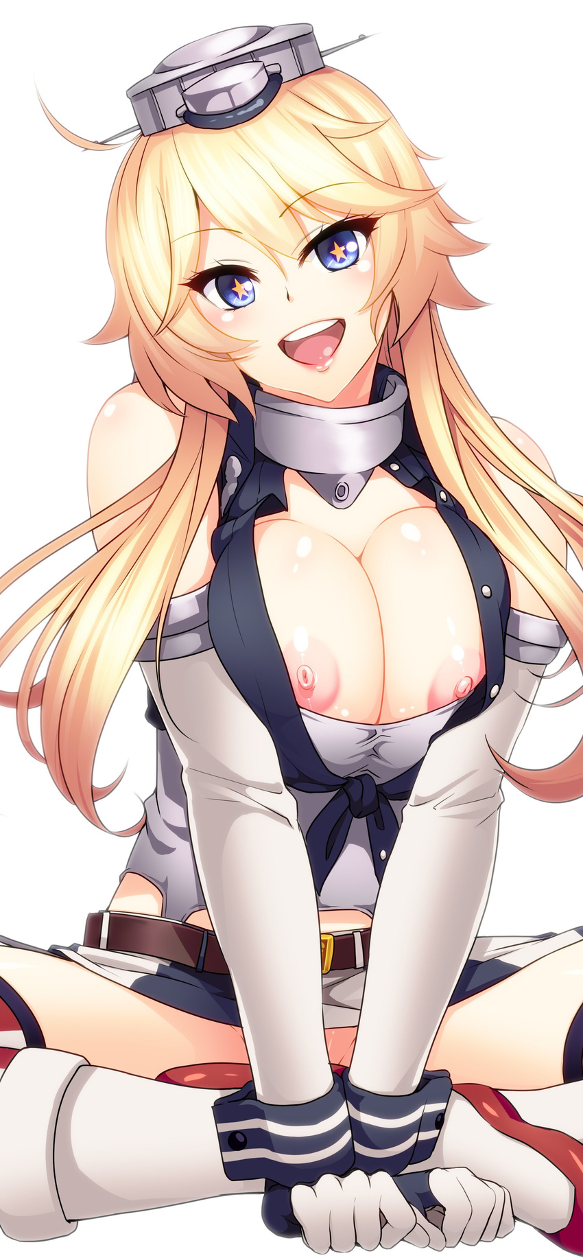 846-gou :d absurdres bare_shoulders belt belt_buckle black_shirt blonde_hair blue_eyes blush breast_squeeze breasts buckle buttons collar crop_top elbow_gloves front-tie_top gloves grey_hat groin head_tilt highres iowa_(kantai_collection) kantai_collection large_breasts lips long_hair looking_at_viewer miniskirt mismatched_legwear nipple_slip nipples open_mouth round_teeth shiny shiny_skin shirt simple_background skirt sleeveless sleeveless_shirt smile solo spread_legs star star-shaped_pupils striped striped_skirt symbol-shaped_pupils teeth thighhighs unbuttoned unbuttoned_shirt white_background white_gloves wrist_cuffs