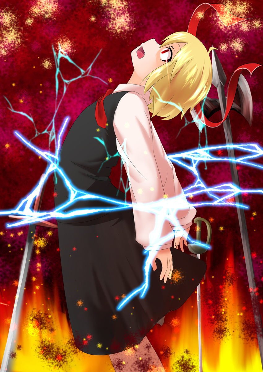 absurdres arched_back arms_at_sides blonde_hair ex-rumia fire gradient gradient_background hair_ribbon halberd head_tilt highres lightning long_sleeves looking_up necktie open_mouth planted_sword planted_weapon polearm red_background red_eyes reito_(lyra-yasao-0628) ribbon rumia short_hair skirt skirt_set solo sword touhou untied weapon