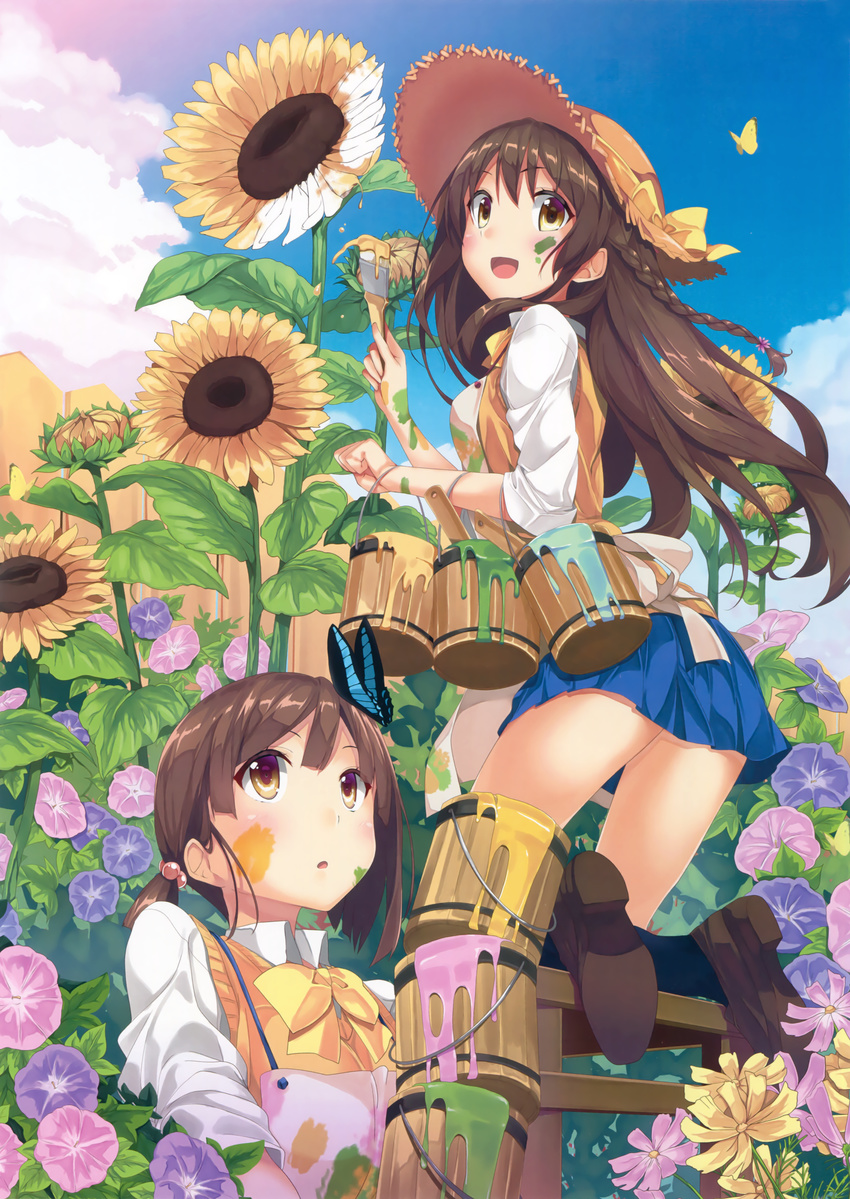 :d :o absurdres apron black_legwear bow bowtie braid breasts brown_eyes brown_hair bug butterfly butterfly_on_head cloud cosmos_(flower) day dress_shirt fence flower from_behind gintarou_(kurousagi108) hair_ornament hat hat_bow highres holding insect kneehighs kneeling long_hair miniskirt morning_glory multiple_girls open_mouth original paint paint_can paint_on_face paintbrush pleated_skirt scan school_uniform shirt shoes short_hair short_twintails side_braid single_braid skirt sky sleeves_pushed_up small_breasts smile stool straw_hat sun_hat sunflower sweater_vest twintails white_shirt wooden_fence yellow_bow yellow_neckwear