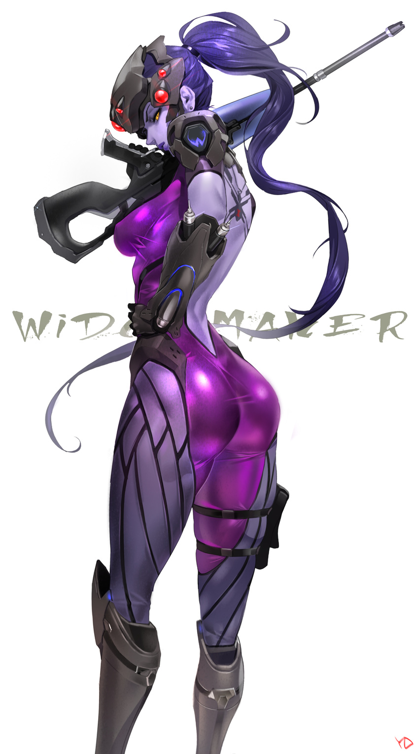 absurdres ass back_tattoo bodysuit boots breasts elbow_gloves from_behind gloves gun hand_on_hip head_mounted_display highres knee_boots long_hair looking_back medium_breasts overwatch pink_bodysuit ponytail purple_skin rifle sniper_rifle solo spider_tattoo tattoo thighs very_long_hair visor weapon widowmaker_(overwatch) yang-do yellow_eyes