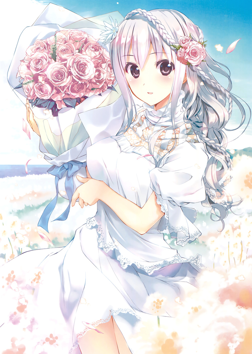 absurdres blush braid day dress flower fumio_(ura_fmo) happy highres non-web_source original pink_flower purple_eyes ribbon rose sky solo water white_dress