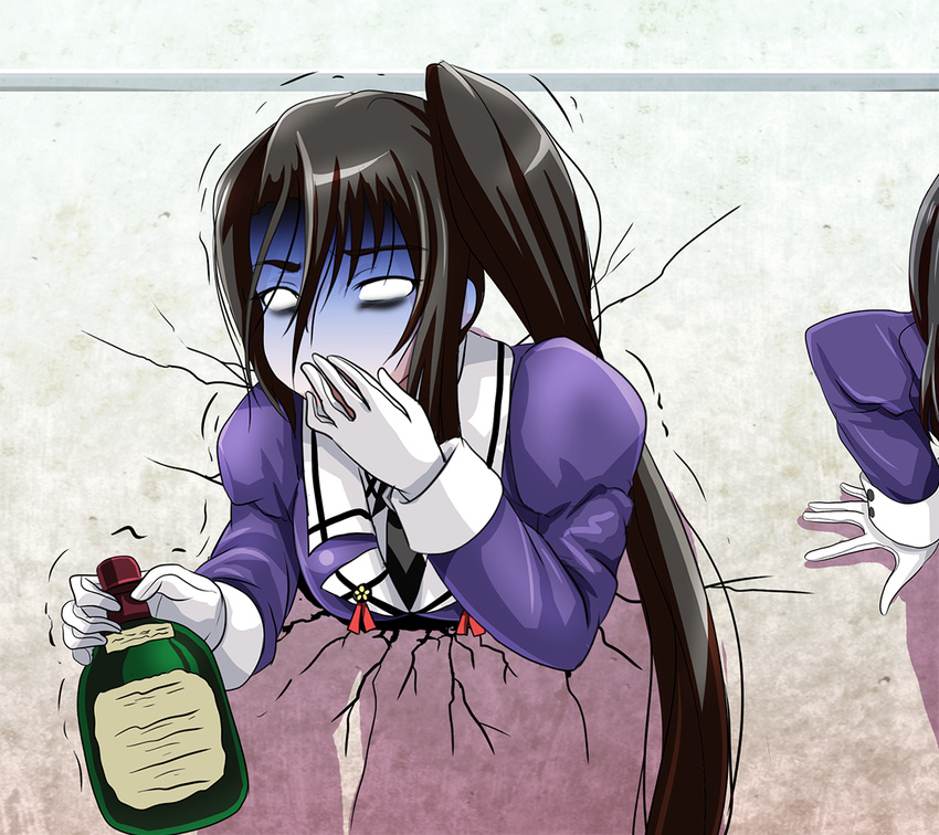absurdly_long_hair black_hair blank_eyes bottle covering_mouth crack cracked_wall gloves haguro_(kantai_collection) holding holding_bottle juliet_sleeves kabe_ni_hamatte_ugokenai! kantai_collection long_hair long_sleeves multiple_girls nachi_(kantai_collection) nausea out_of_frame parody puffy_sleeves remodel_(kantai_collection) restrained short_hair side_ponytail stationary_restraints stuck through_wall tk8d32 trembling turn_pale very_long_hair white_gloves