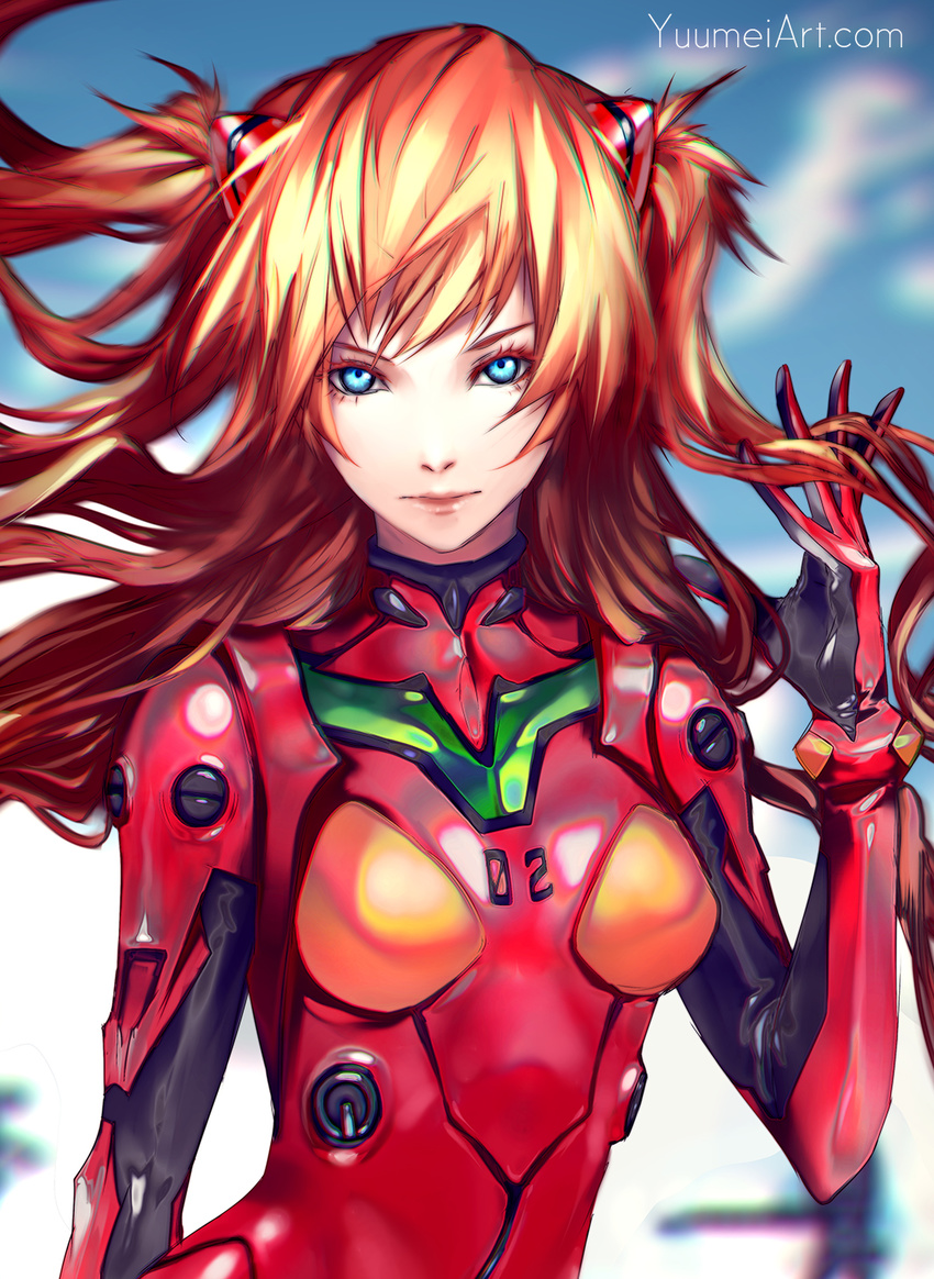 arm_behind_back bangs blue_eyes blurry bodysuit bracer breasts closed_mouth cloud colored_eyelashes contrapposto day depth_of_field floating_hair gloves hand_in_hair hand_up headgear highres lips long_hair looking_at_viewer neon_genesis_evangelion number orange_hair outdoors pilot_suit plugsuit shiny shiny_clothes sky small_breasts solo souryuu_asuka_langley standing two_side_up very_long_hair watermark web_address wenqing_yan