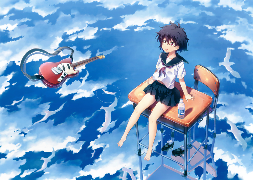 absurdres barefoot bird black_hair bottle chair cloud cloudy_sky desk electric_guitar fender_mustang guitar highres instrument kuuchuu_yousai legs messy_hair on_desk original pleated_skirt red_eyes reflection school_desk school_uniform serafuku shoes_removed short_hair sitting skirt sky smile socks_removed solo surreal toes water_bottle