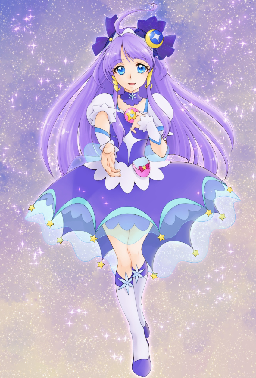 1girl ahoge aizen_(syoshiyuki) blue_eyes boots bow cure_selene detached_collar dress full_body hair_bow hair_ornament hair_tubes highres kaguya_madoka knee_boots long_hair looking_at_viewer magical_girl outstretched_hand precure puffy_sleeves purple purple_background purple_bow purple_dress purple_hair sidelocks smile solo standing star star_twinkle_precure white_footwear wrist_cuffs