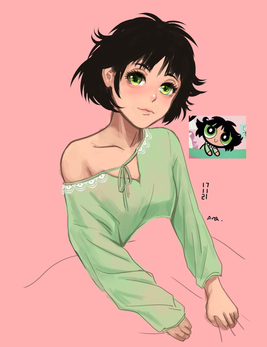 1girl absurdres arasfwitch black_hair blush buttercup_(ppg) buttercup_redraw_challenge dated derivative_work green_pajamas highres long_sleeves messy_hair off_shoulder pink_background powerpuff_girls reference_inset screencap_redraw simple_background single_bare_shoulder smile solo under_covers