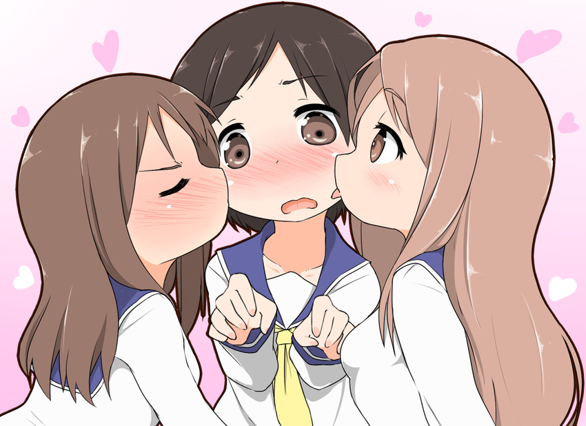 aikawa_chiho blush brown_eyes brown_hair cheek_kiss cheek_licking closed_eyes double_cheek_kiss face_licking girl_sandwich hasegawa_fumi heart kiss licking multiple_girls okano_kei open_mouth profile sandwiched school_uniform school_uniform_(yuyushiki) serafuku tongue tongue_out watage_(lucky_yyg) wavy_mouth yuri yuyushiki