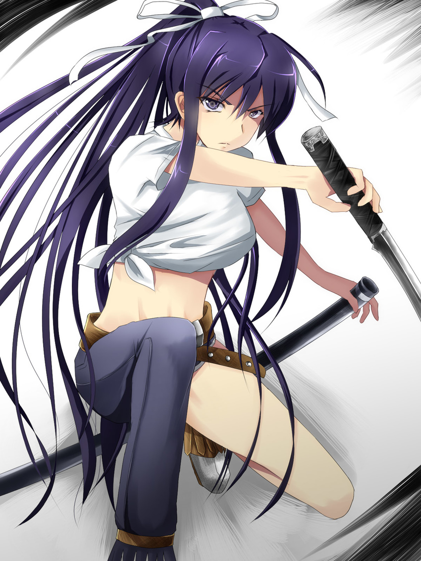 black_eyes black_hair hair_ribbon highres holding holding_sword holding_weapon kanzaki_kaori long_hair looking_at_viewer midriff ponytail ribbon shirt solo sword tied_shirt to_aru_majutsu_no_index weapon white_ribbon white_shirt