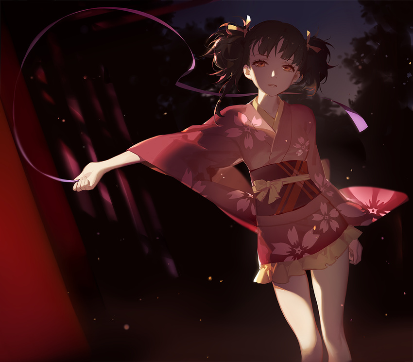 ask_(askzy) bangs bare_legs blush brown_hair floral_print hair_ribbon japanese_clothes kimono koutetsujou_no_kabaneri long_sleeves looking_at_viewer md5_mismatch mumei_(kabaneri) red_eyes ribbon sash short_hair short_kimono smile solo twintails