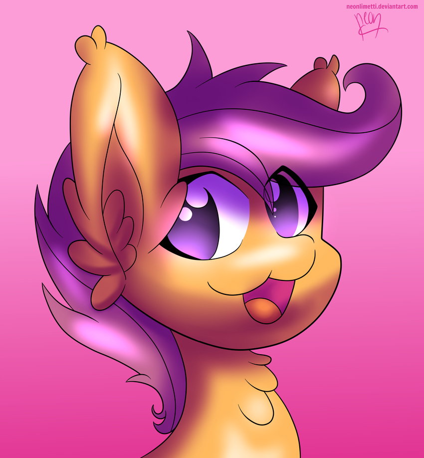 :3 absurd_res chibi close-up cub cute equine female friendship_is_magic hi_res horse looking_at_viewer magenta_hair mammal my_little_pony neoncel open_mouth orange_body pegasus pony purple_eyes scootaloo_(mlp) simple_background smile solo wings young