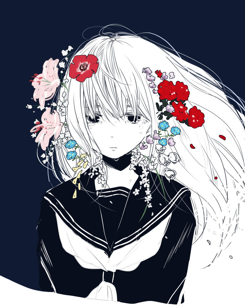 blue_background blue_flower closed_mouth crying crying_with_eyes_open expressionless floating_hair flower hair_flower hair_ornament highres limited_palette long_hair looking_at_viewer matsuda_hikari neckerchief original pink_flower red_flower simple_background solo tears upper_body wind yellow_flower