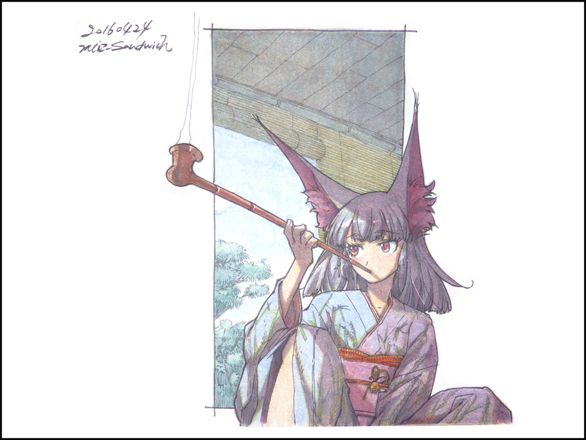2016 animal_ears artist_name black_hair blinds blue_sky border cloud dated day flat_chest fox_ears gradient_eyes holding holding_pipe indoors japanese_clothes kimono kiseru large_ears leg_up looking_to_the_side meiz multicolored multicolored_eyes obi original pipe pipe_in_mouth red_eyes ribbon sash shiny shiny_hair short_hair sitting sky smoking solo sudare traditional_media tree watercolor_(medium) white_background yellow_eyes