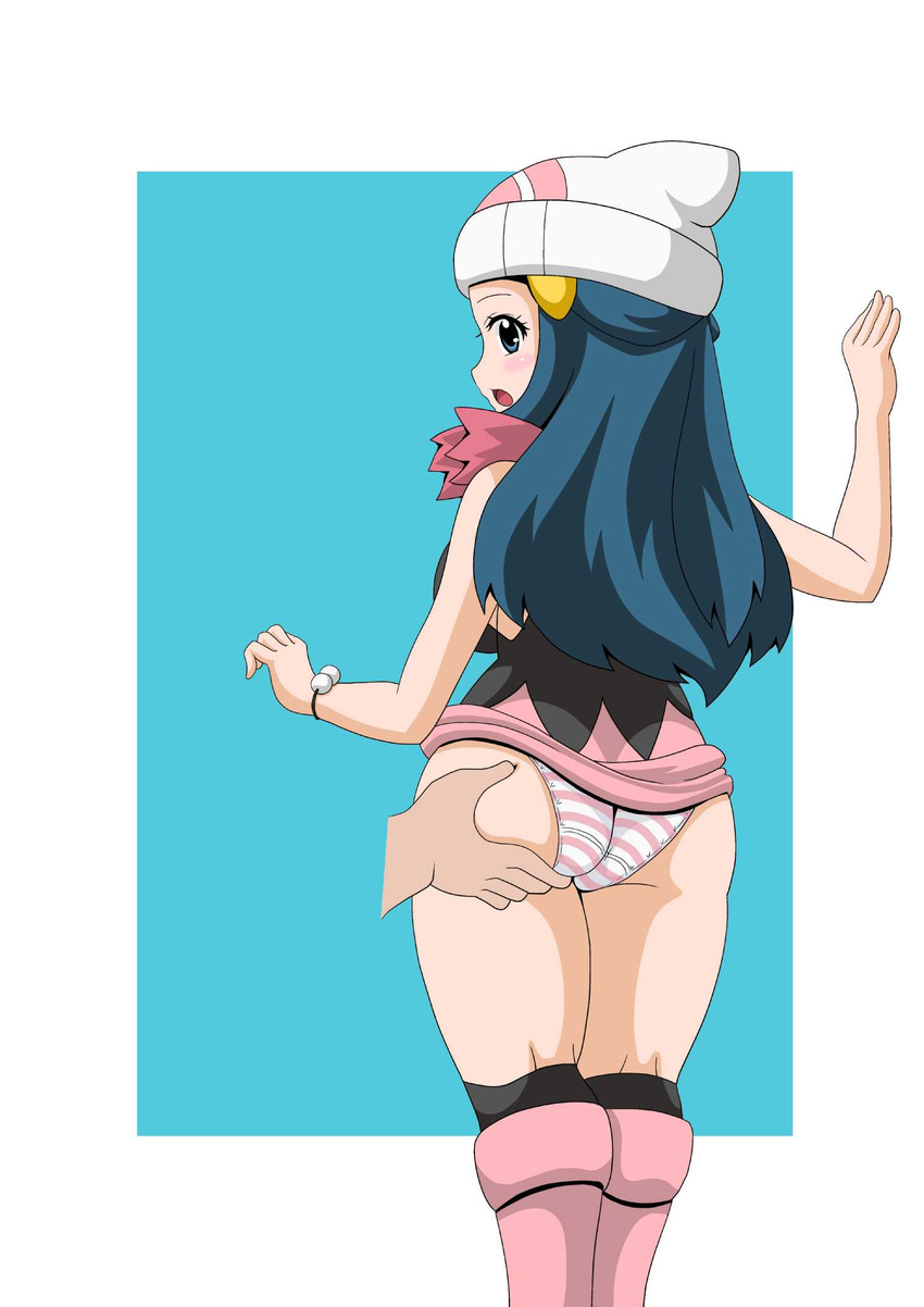 ass ass_grab blue_eyes blue_hair blush from_behind hand_on_ass hikari_(pokemon) koutarosu looking_at_viewer looking_back panties pokemon squeeze upskirt