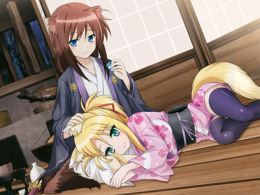 alcohol animal_ears artist_request blonde_hair blue_eyes blush braid brioche_d'arquien brown_hair dog_days dog_ears dog_tail fox_ears fox_tail green_eyes hair_ribbon highres japanese_clothes kimono long_hair lying_on_person multiple_girls official_art ponytail ribbon sitting smile source_request sword tail thighhighs very_long_hair weapon yukikaze_panettone yuri