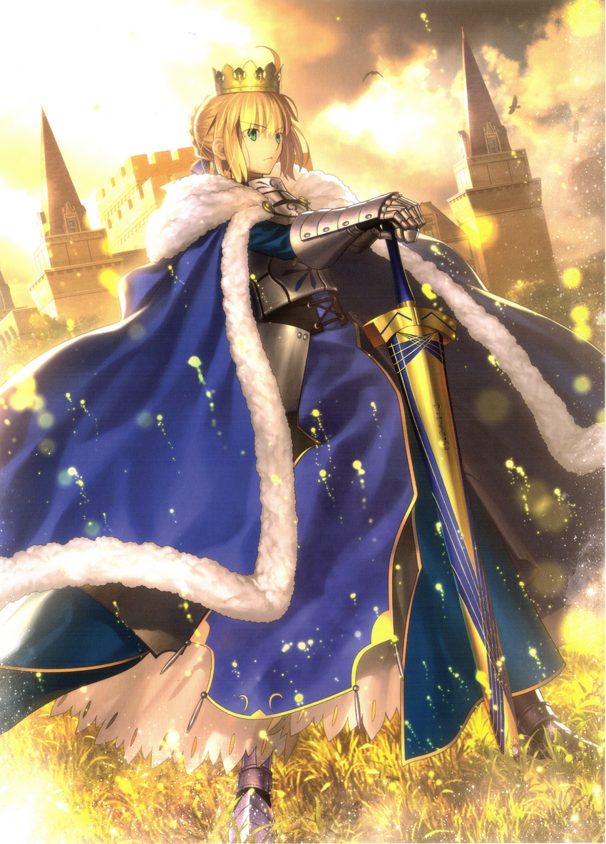 absurdres ahoge armor armored_boots artoria_pendragon_(all) avalon_(fate/stay_night) blonde_hair blue_cape boots bow braid building cape castle cloak dress excalibur fate/stay_night fate_(series) gauntlets green_eyes hair_bow hair_ornament highres official_art royal saber scan sheath sky solo sword takeuchi_takashi tied_hair warrior weapon