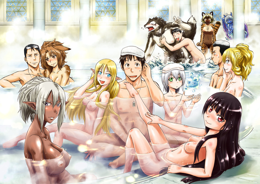 6+girls :d animal_ears artist_self-insert barefoot bath bathing black_hair blonde_hair blue_eyes blue_skin blush bozes_co_palesti breasts brown_hair cleavage commentary_request couple dark_elf dark_skin delilah_(gate) dog_tags dragon_girl drill_hair elf excessive_pubic_hair eyewear_on_head full_body_tattoo furry gate_-_jieitai_ka_no_chi_nite_kaku_tatakaeri giselle_(gate) green_eyes hime_cut hug itami_youji jealous kurata_takeo large_breasts lelei_la_lalena long_hair medium_breasts mixed_bathing multiple_boys multiple_girls nipples nude open_mouth partially_submerged persia_(gate) pointy_ears ponytail pubic_hair purple_eyes red_eyes rory_mercury sao_satoru short_hair sitting skirt small_breasts smile tattoo tomita_akira towel towel_on_head tuka_luna_marceau white_hair wolf_(gate) yanagida_(gate) yao_haa_dushi