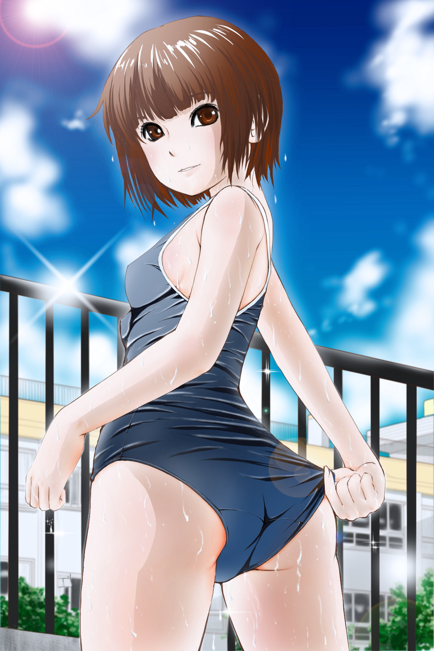 adjusting_clothes adjusting_swimsuit ass back bangs blue_swimsuit cloud cloudy_sky competition_school_swimsuit day fence from_behind higashi_tarou highres lens_flare light_smile looking_at_viewer looking_back one-piece_swimsuit original outdoors school_swimsuit sky solo standing swimsuit wet