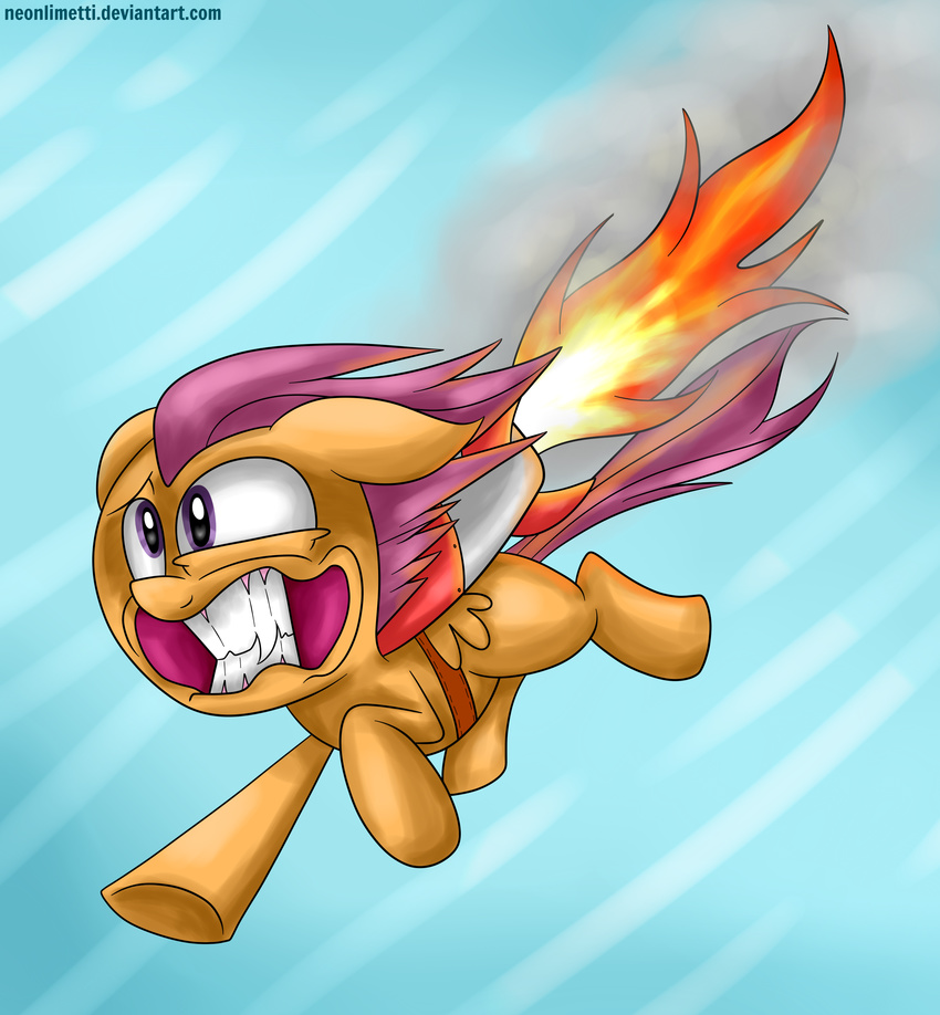 absurd_res cub day derp_eyes equine female fire flying friendship_is_magic g_forces grimace hi_res horse jet_pack magenta_hair mammal my_little_pony neoncel open_mouth orange_body pegasus pony purple_eyes rocket scootaloo_(mlp) sky solo wings young