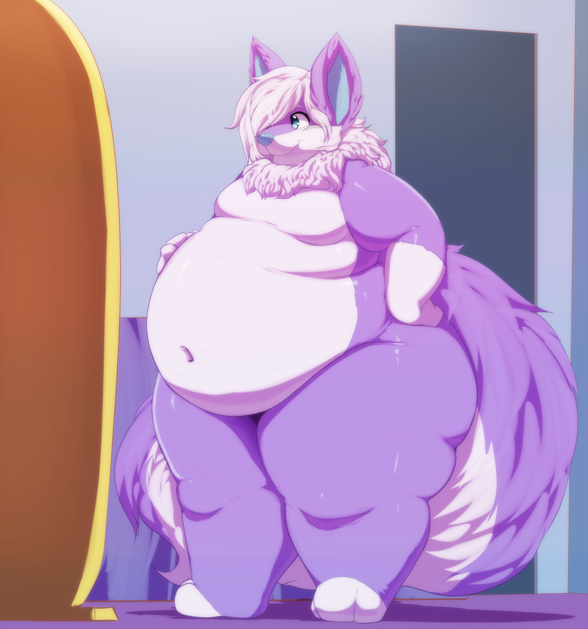 2015 ambiguous_gender anthro belly big_belly big_butt blue_eyes blue_nose butt canine fluffy fluffy_tail fox front_view fur girly gloves_(marking) hair hand_on_hip hand_on_stomach huge_butt inside long_tail looking_away love_handles mammal markings morbidly_obese muse_(cyrusnox) navel neck_tuft nude obese overweight overweight_ambiguous purple_fur smile solo standing thick_tail thick_thighs trinity-fate62 tuft white_fur