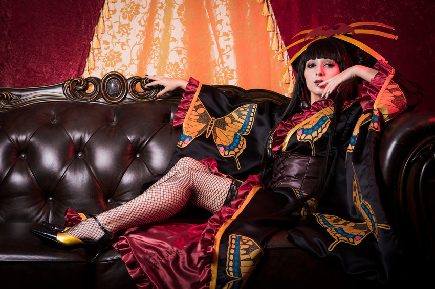 bangs black_hair butterfly butterfly_print corset cosplay couch fishnets gold_nails high_heels ichihara_yuuko japanese_clothes kimono lady_rosetea long_hair nail_polish photo solo thighhighs tufted_upholstery xxxholic