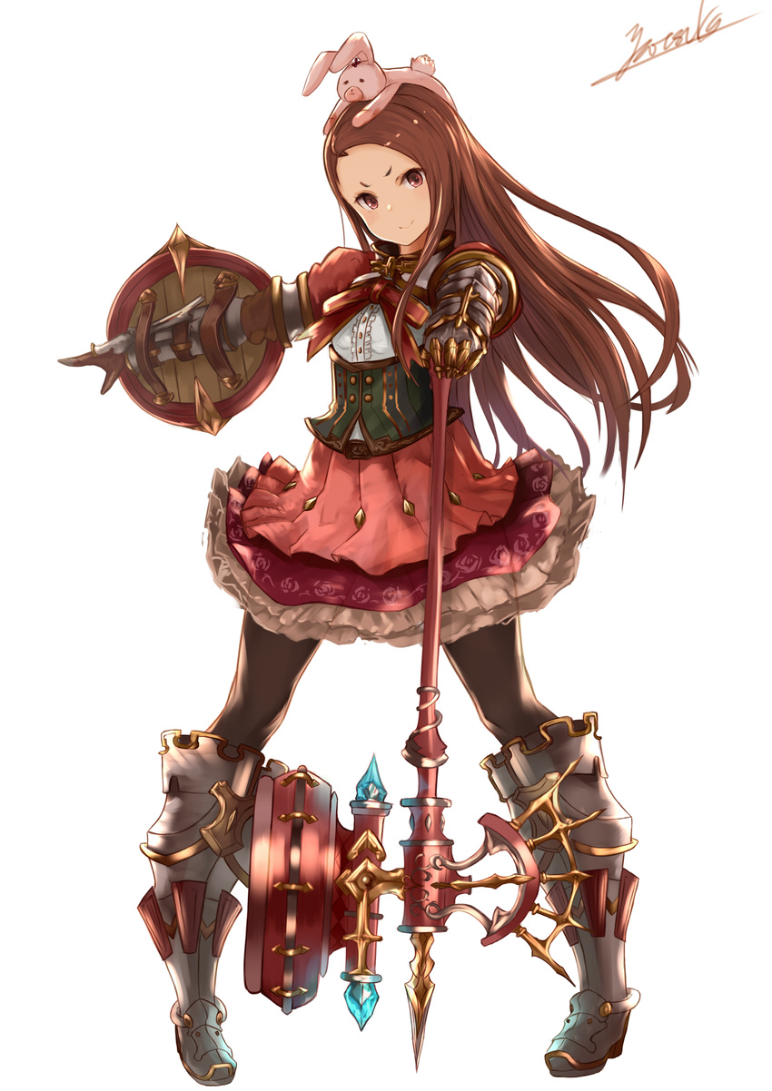 &gt;:) absurdres armor brown_eyes brown_hair buckler corset floral_print frilled_skirt frills full_body gauntlets granblue_fantasy greaves highres idolmaster idolmaster_(classic) long_hair looking_at_viewer mace minase_iori outstretched_arm pink_skirt serious shield short_eyebrows signature simple_background skirt smile solo spiked_mace stuffed_animal stuffed_bunny stuffed_toy v-shaped_eyebrows weapon weapon_stand white_background yatsuka_(846)