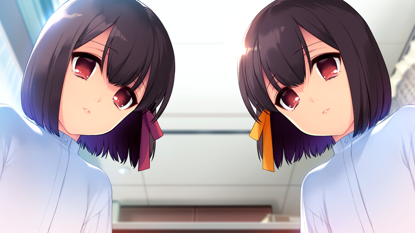 akeiro_kaikitan bob_cut brown_hair curtains dress eyebrows eyebrows_visible_through_hair from_below game_cg hair_between_eyes hair_ribbon lipgloss lips looking_at_viewer multiple_girls red_eyes red_ribbon ribbon ruka_(akeiro_kaikitan) ruri_(akeiro_kaikitan) same_face shirt short_hair siblings sisters sumeragi_kohaku table twins yellow_ribbon