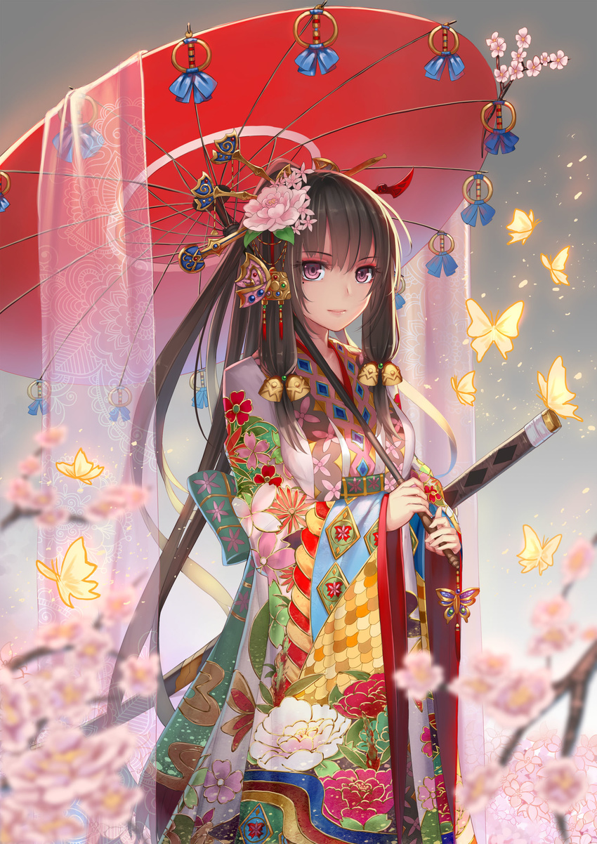 absurdres bell black_hair bug butterfly cherry_blossoms floral_print flower hair_bell hair_flower hair_ornament highres insect japanese_clothes kimono long_hair long_sleeves luoxuan_jingjie_xian mole mole_under_eye obi oiran oriental_umbrella original pink_eyes sash shawl solo umbrella very_long_hair weiyinji_xsk wide_sleeves