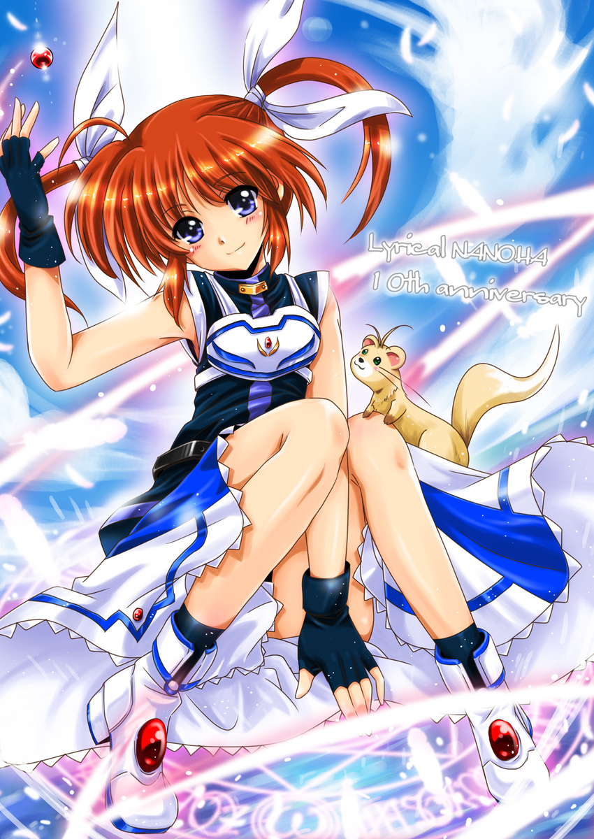 armor armored_boots armored_dress black_gloves blue_eyes blush boots bow brown_hair copyright_name dress english ferret fingerless_gloves gloves hair_ribbon highres looking_at_viewer lyrical_nanoha magic_circle magical_girl mahou_shoujo_lyrical_nanoha raising_heart red_bow ribbon san-pon short_twintails sitting smile solo takamachi_nanoha twintails white_dress white_footwear yuuno_scrya