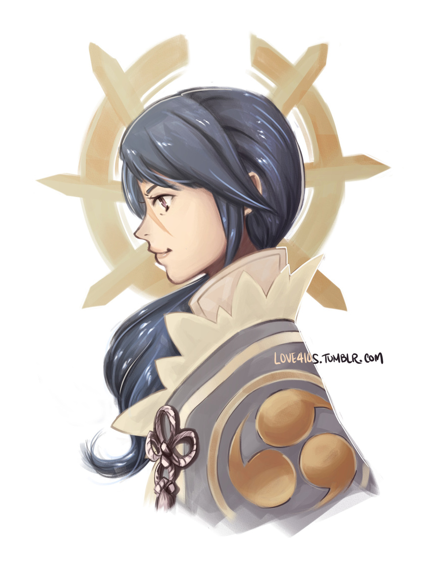 armor artist_name bad_id bad_tumblr_id blue_hair closed_mouth commentary fire_emblem fire_emblem_if highres long_hair looking_down love410s low_ponytail portrait profile purple_eyes simple_background smile solo watermark web_address white_background yuugiri_(fire_emblem_if)