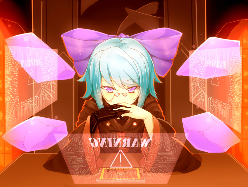 alternate_color alternate_costume bad_id bad_pixiv_id bespectacled bow cirno cyborg gendou_pose glasses hair_bow hands_clasped highres holographic_monitor ice ice_wings long_sleeves looking_at_viewer mechanical_arm ootsuki_momiji own_hands_together pince-nez pink_eyes prosthesis silver_hair solo touhou touhou_ayaria_epic tsurime wide_sleeves wings