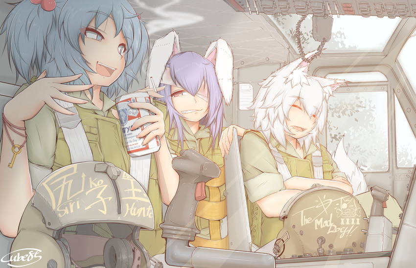 alcohol animal_ears beer beer_can between_fingers blue_eyes blue_hair blush budweiser bulletproof_vest can cigarette clothes_writing commentary_request crossed_arms cube85 drooling english eyepatch fang hair_bobbles hair_ornament headwear_removed helmet helmet_removed highres holding inubashiri_momiji kawashiro_nitori key military military_uniform military_vehicle multiple_girls open_mouth purple_hair red_eyes reisen_udongein_inaba short_hair signature silver_hair sleeping smoke sunlight tail touhou uh-1_iroquois uniform vehicle_interior